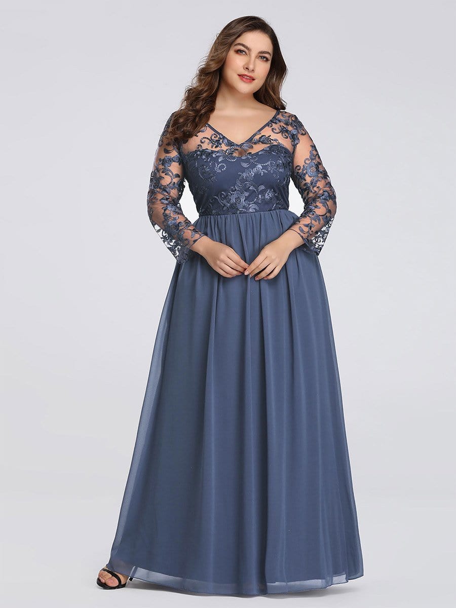 COLOR=Dusty Navy | Floor Length Evening Dress With Sheer Lace Bodice-Dusty Navy 13