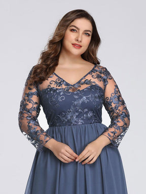 COLOR=Dusty Navy | Floor Length Evening Dress With Sheer Lace Bodice-Dusty Navy 14