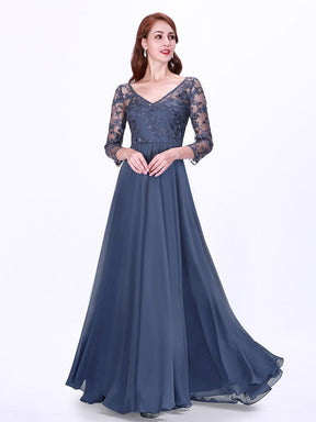 COLOR=Dusty Navy | Floor Length Evening Dress With Sheer Lace Bodice-Dusty Navy 5