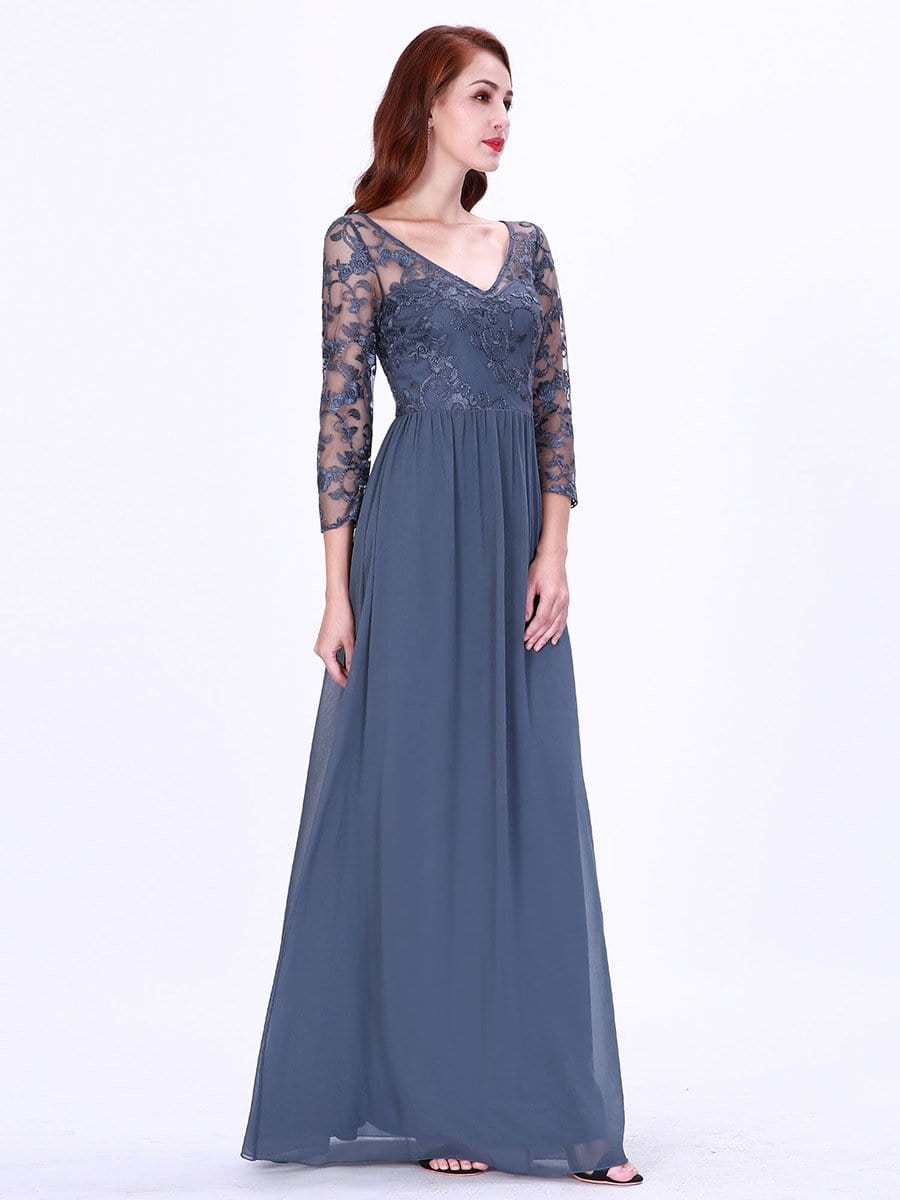 COLOR=Dusty Navy | Floor Length Evening Dress With Sheer Lace Bodice-Dusty Navy 7