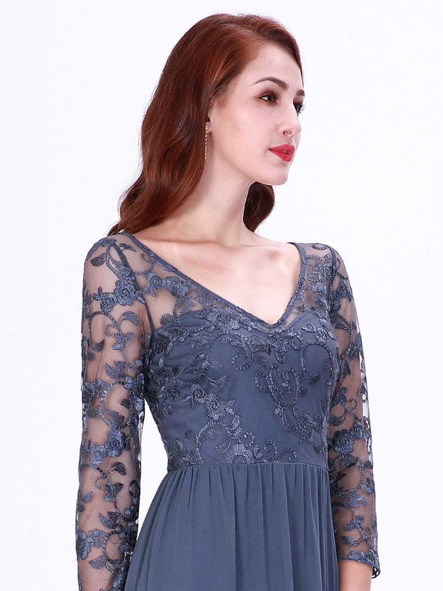 COLOR=Dusty Navy | Floor Length Evening Dress With Sheer Lace Bodice-Dusty Navy 9