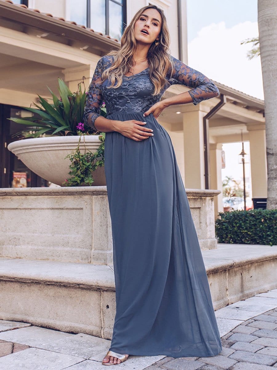 COLOR=Dusty Navy | Floor Length Evening Dress With Sheer Lace Bodice-Dusty Navy 2