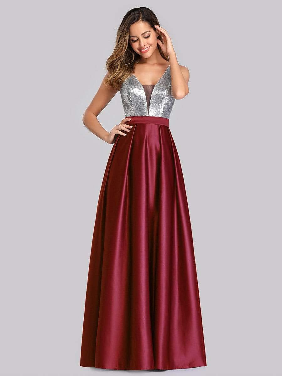 Color=Burgundy | Floor Length Sequin And Satin Prom Dress-Burgundy 4