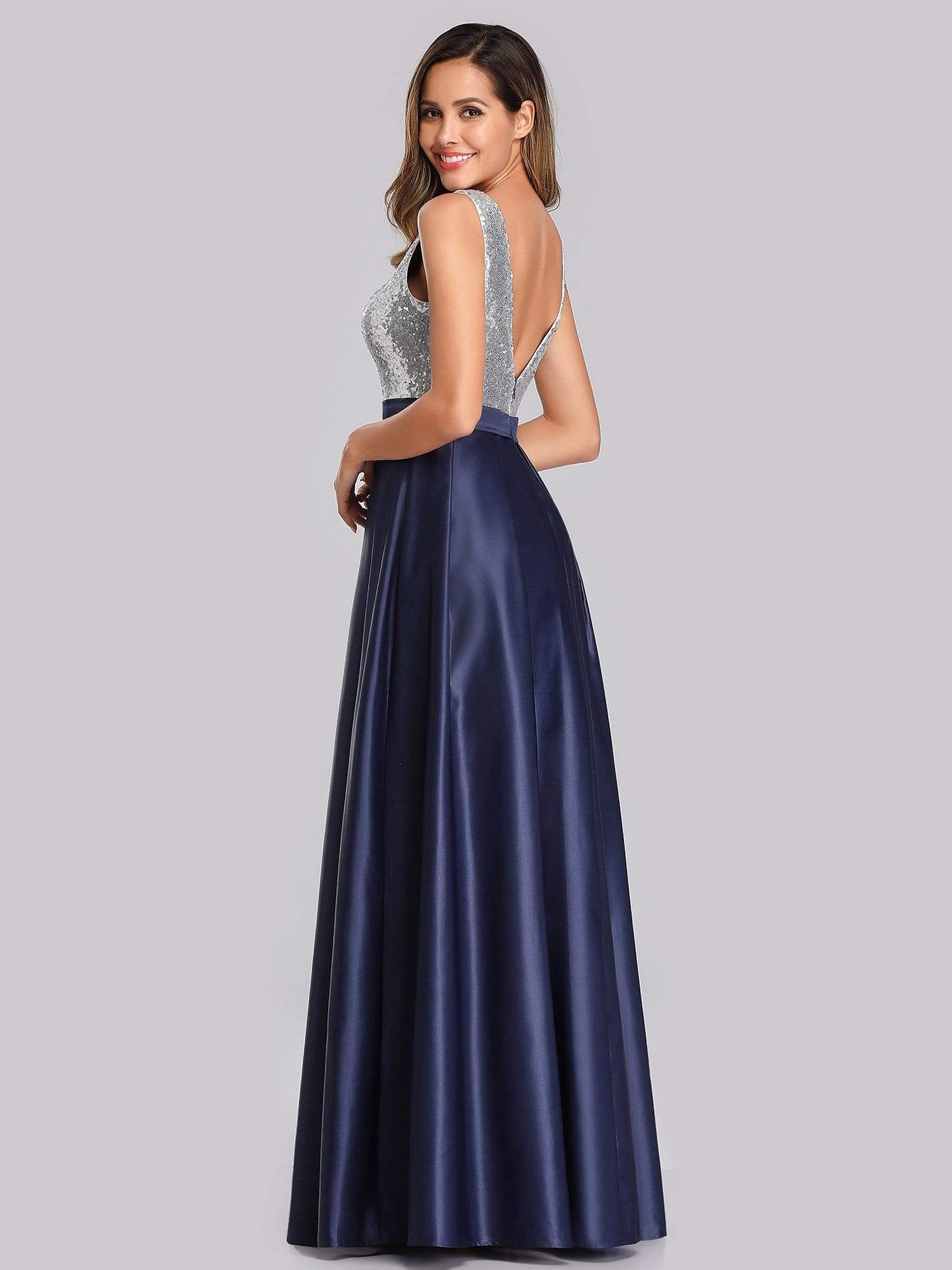 Color=Navy Blue | Floor Length Sequin And Satin Prom Dress-Navy Blue 2