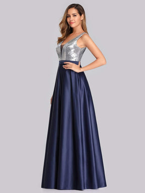Color=Navy Blue | Floor Length Sequin And Satin Prom Dress-Navy Blue 3