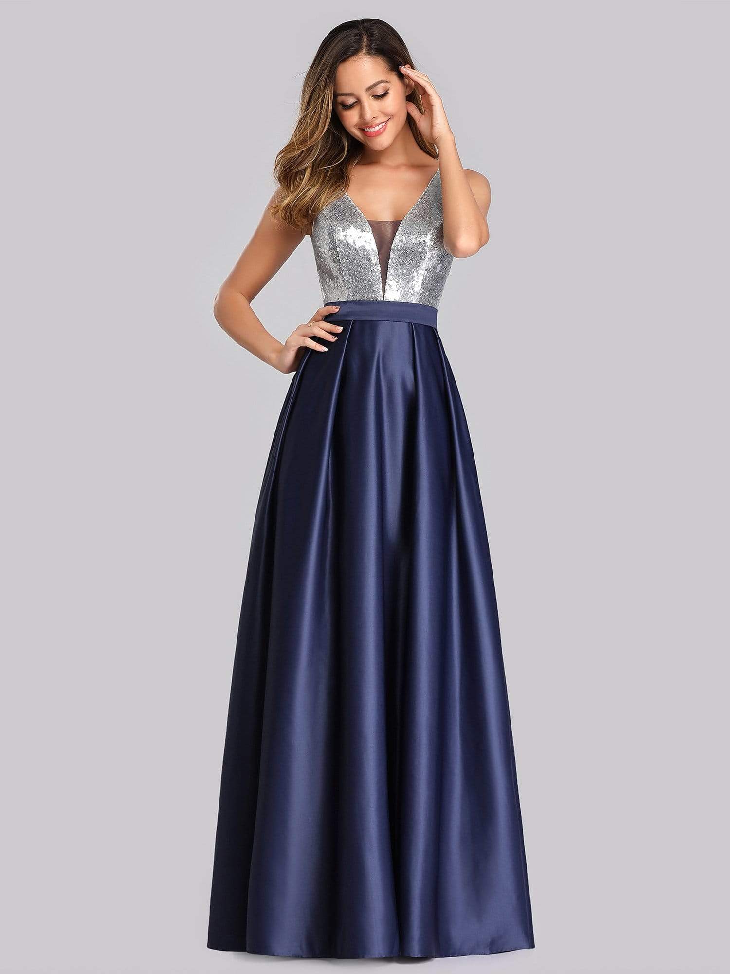 Color=Navy Blue | Floor Length Sequin And Satin Prom Dress-Navy Blue 4