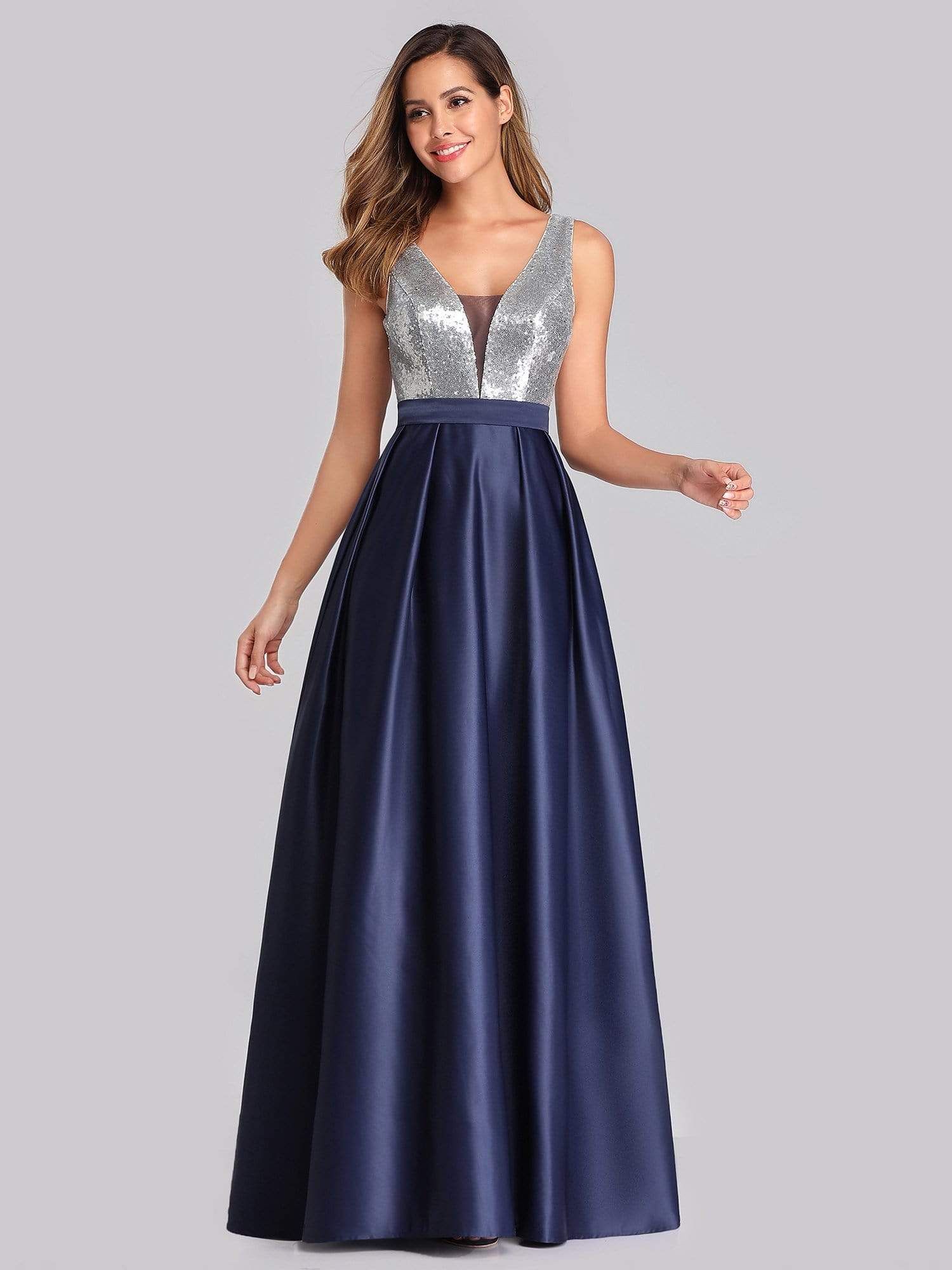 Color=Navy Blue | Floor Length Sequin And Satin Prom Dress-Navy Blue 1