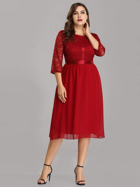 Color=Burgundy | Knee Length 3/4 Sleeve Lace & Chiffon Party Dress-Burgundy 5