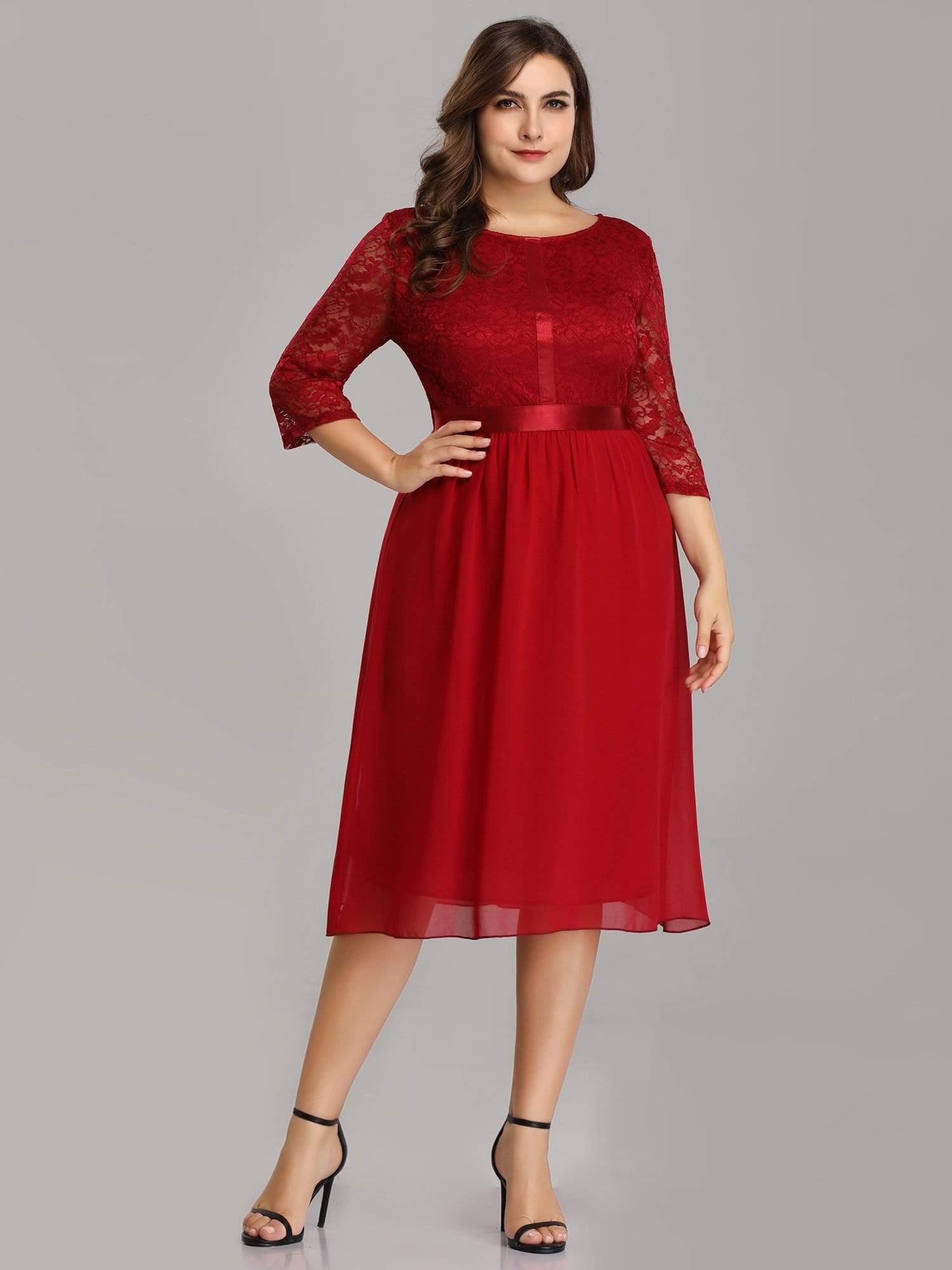 Color=Burgundy | Knee Length 3/4 Sleeve Lace & Chiffon Party Dress-Burgundy 1