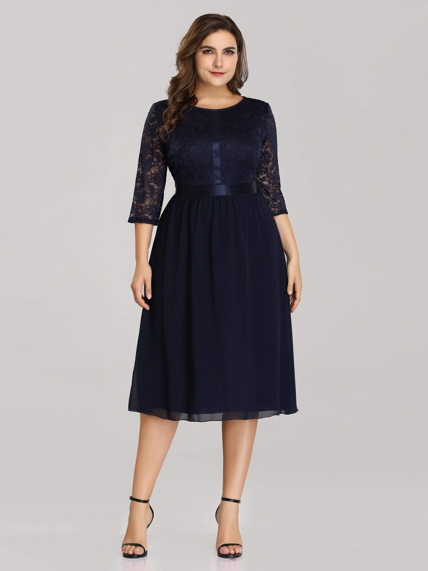 Color=Navy Blue | Knee Length 3/4 Sleeve Lace & Chiffon Party Dress-Navy Blue 1