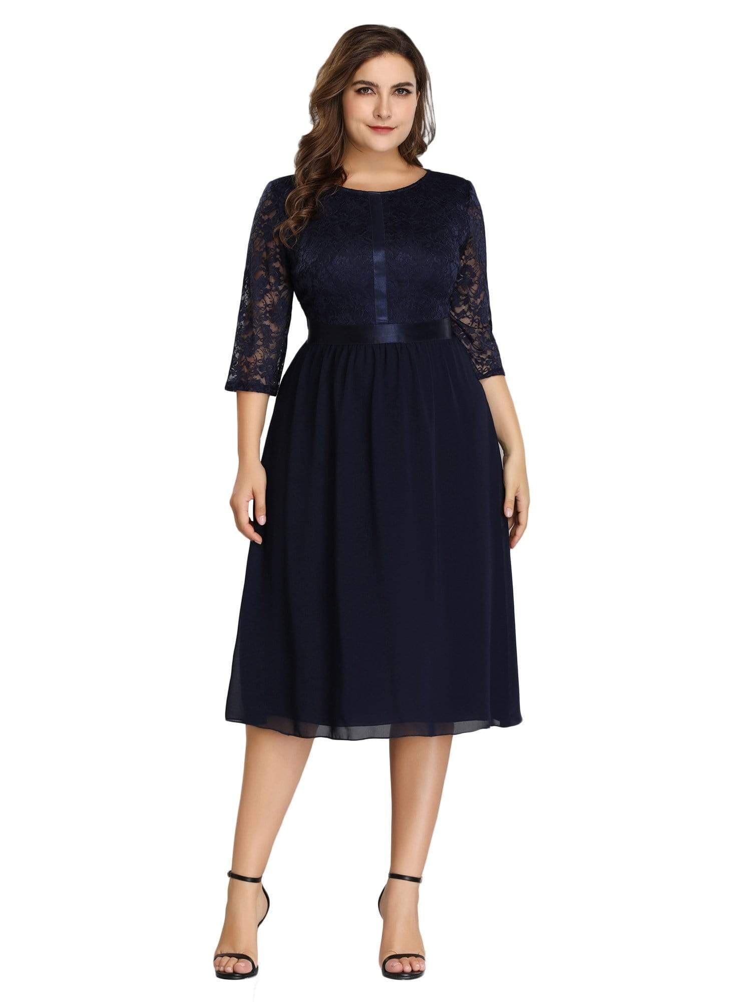 Color=Navy Blue | Knee Length 3/4 Sleeve Lace & Chiffon Party Dress-Navy Blue 2