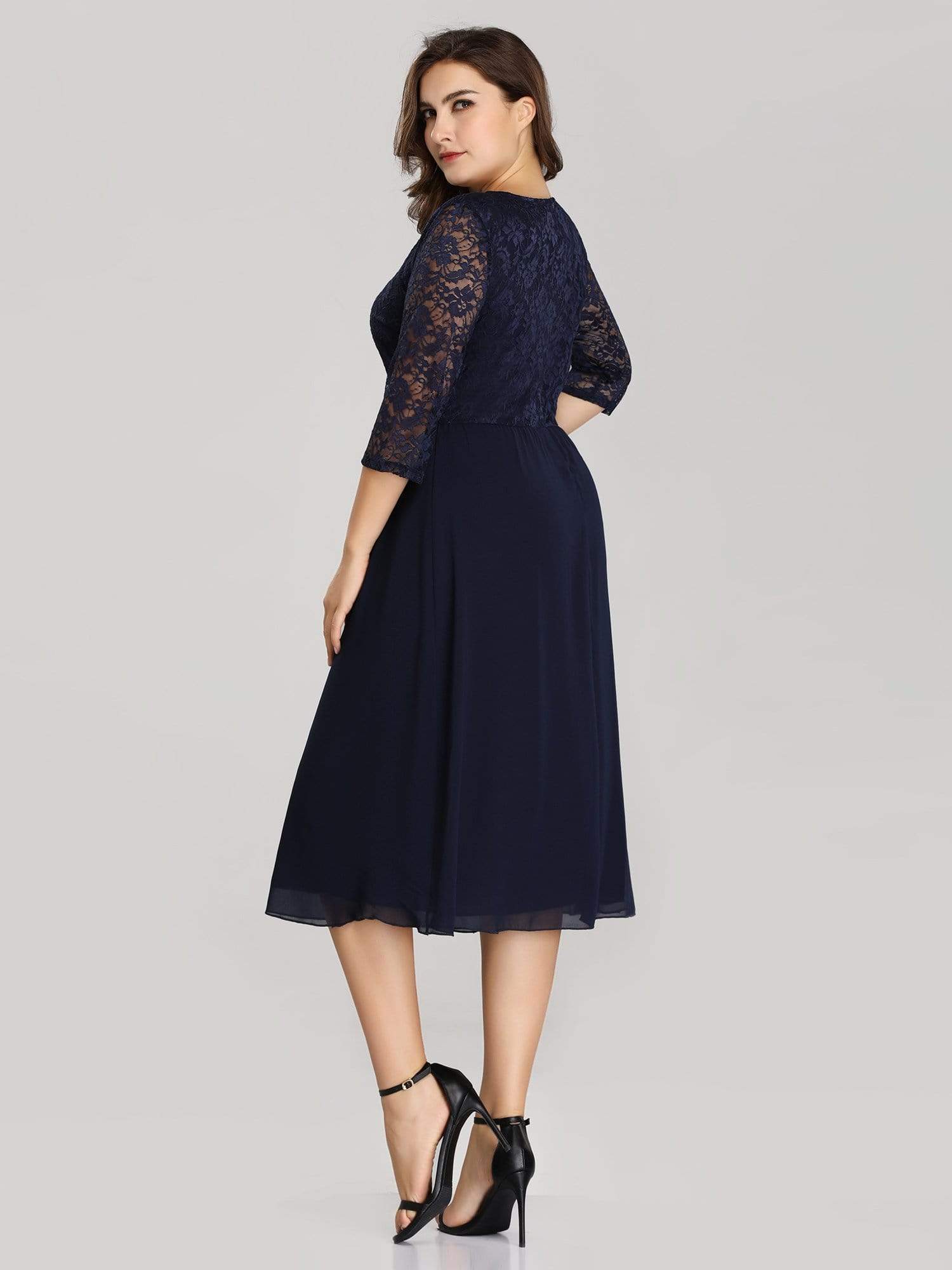 Color=Navy Blue | Knee Length 3/4 Sleeve Lace & Chiffon Party Dress-Navy Blue 3