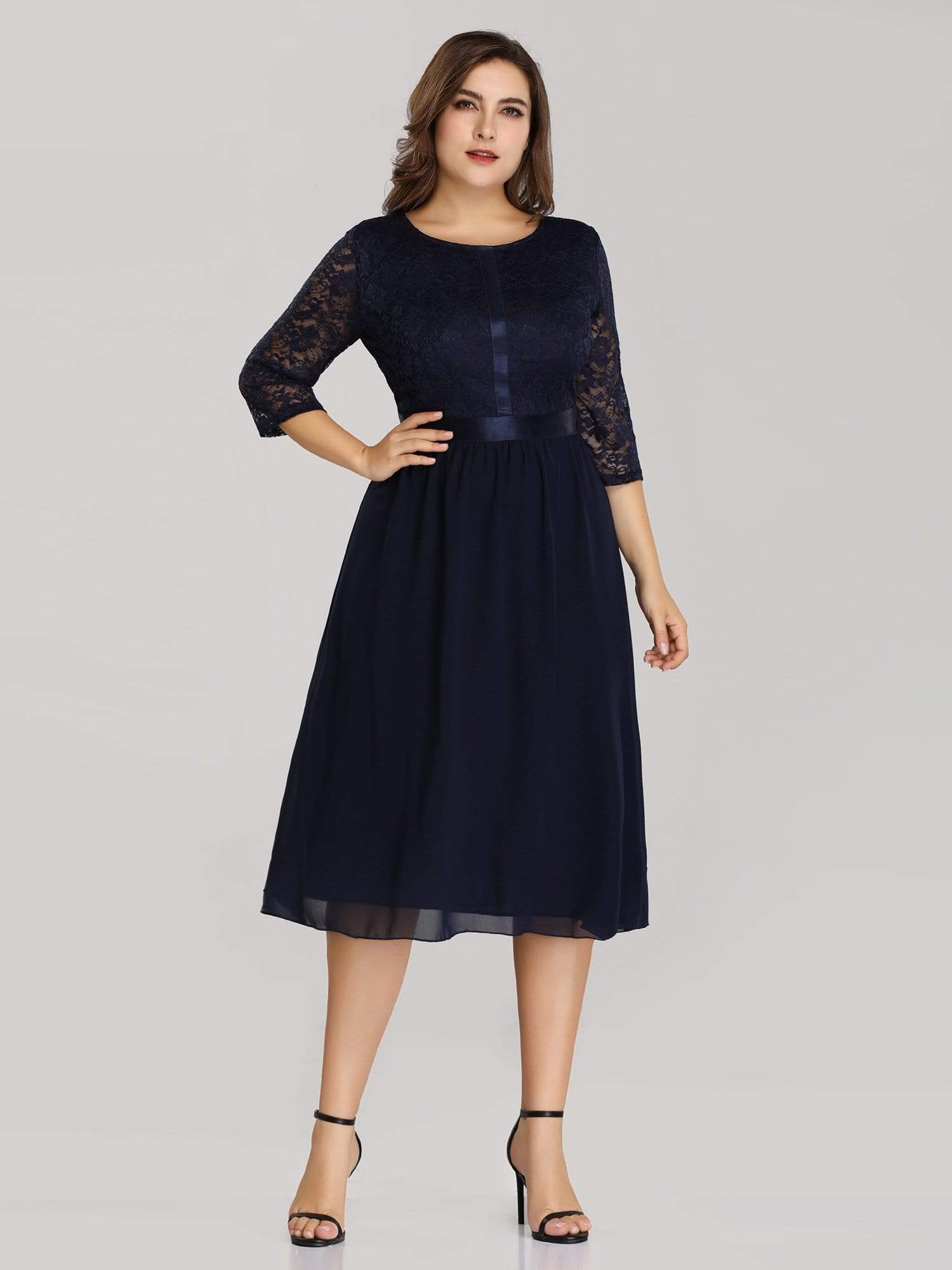 Color=Navy Blue | Knee Length 3/4 Sleeve Lace & Chiffon Party Dress-Navy Blue 4