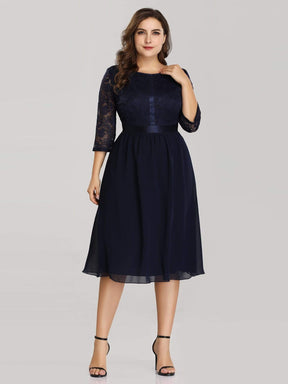 Color=Navy Blue | Knee Length 3/4 Sleeve Lace & Chiffon Party Dress-Navy Blue 5