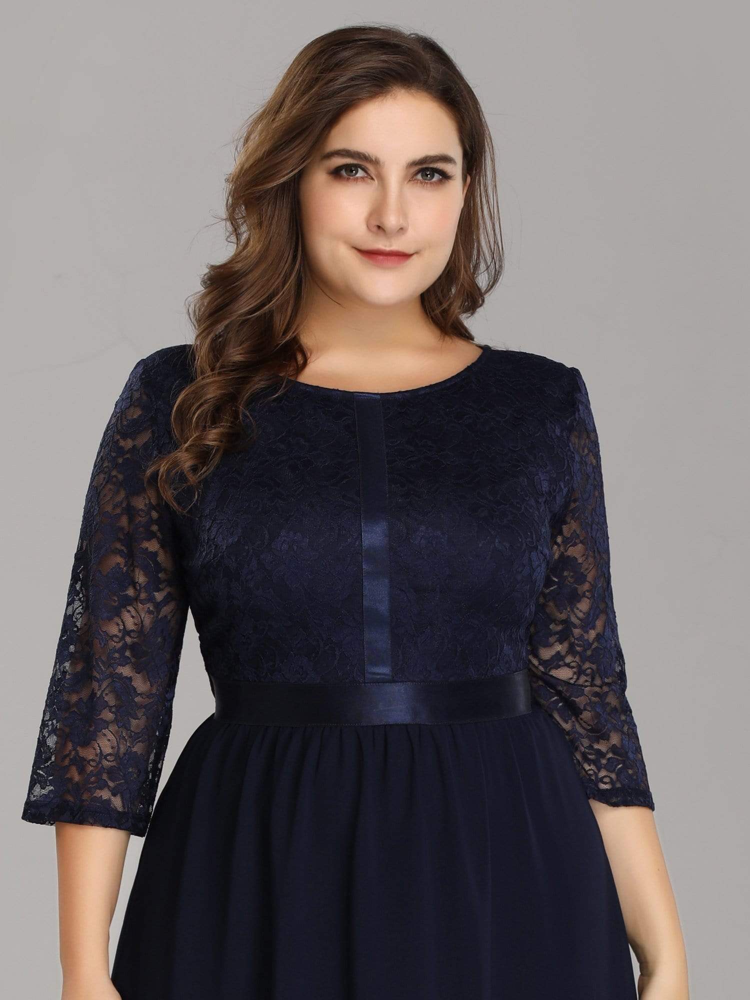 Color=Navy Blue | Knee Length 3/4 Sleeve Lace & Chiffon Party Dress-Navy Blue 6