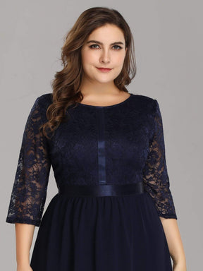 Color=Navy Blue | Knee Length 3/4 Sleeve Lace & Chiffon Party Dress-Navy Blue 6