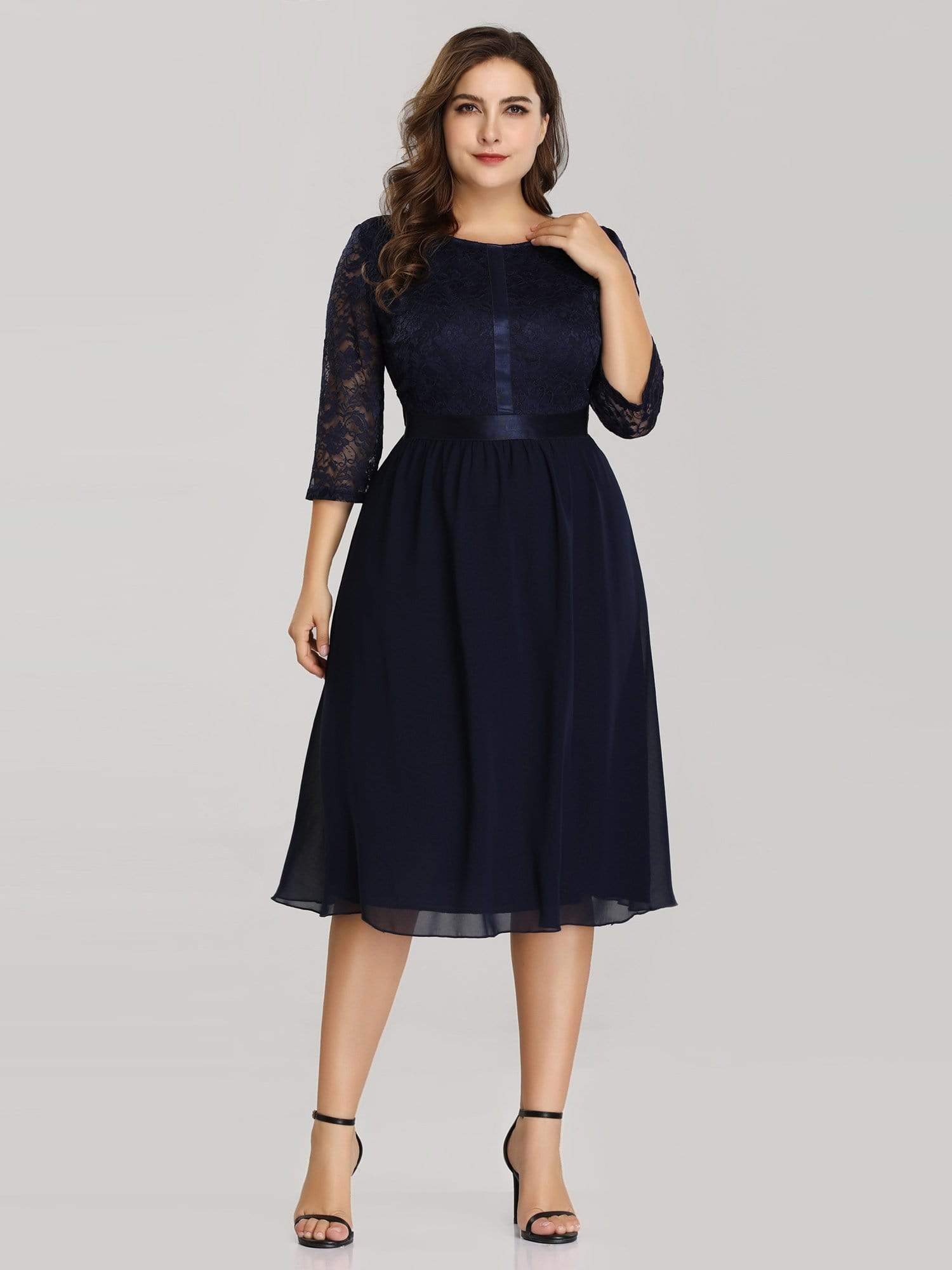 Color=Navy Blue | Knee Length 3/4 Sleeve Lace & Chiffon Party Dress-Navy Blue 10