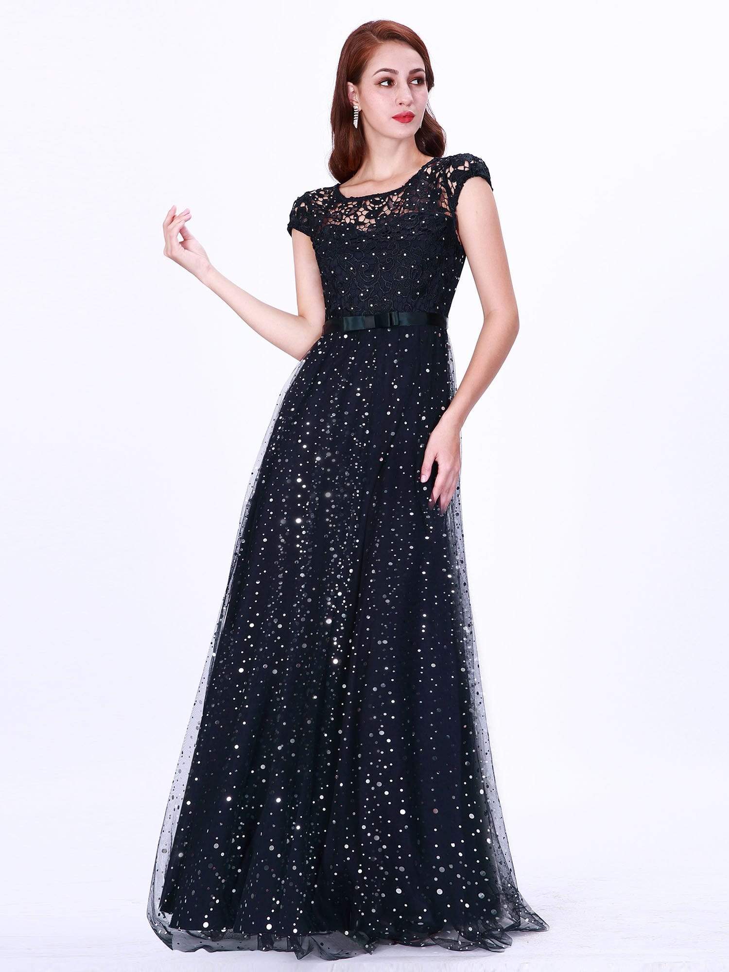 Color=Navy Blue | Elegant Cover Sleeve Floor Length Lace Evening Dress-Navy Blue 2