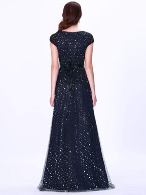 Color=Navy Blue | Elegant Cover Sleeve Floor Length Lace Evening Dress-Navy Blue 3