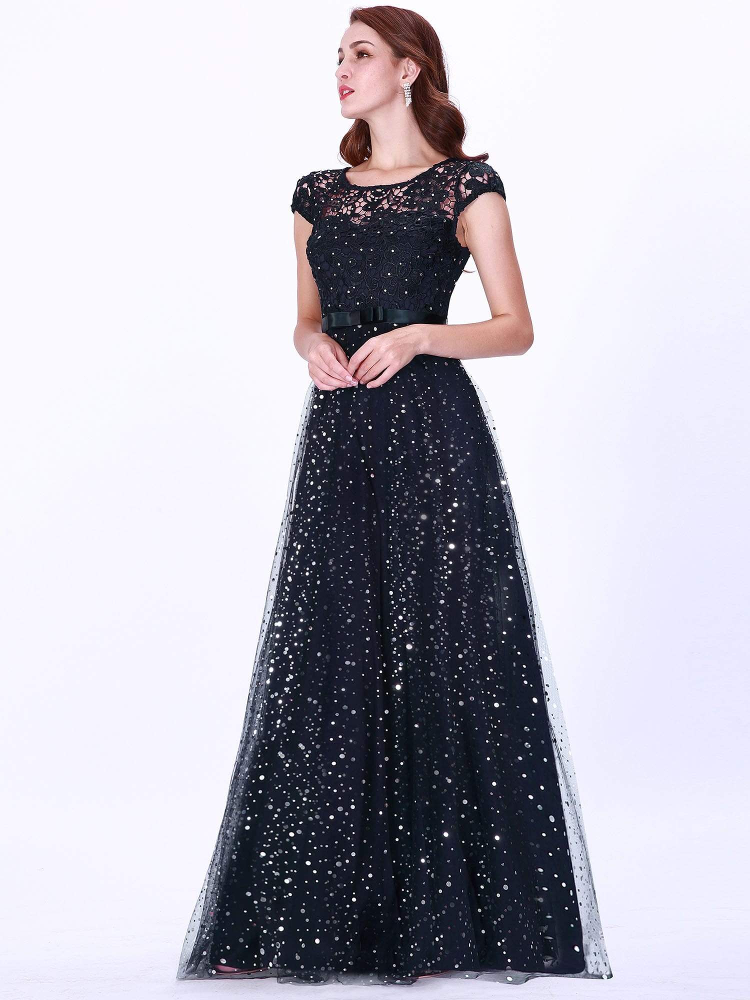 Color=Navy Blue | Elegant Cover Sleeve Floor Length Lace Evening Dress-Navy Blue 1