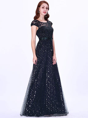 Color=Navy Blue | Elegant Cover Sleeve Floor Length Lace Evening Dress-Navy Blue 4