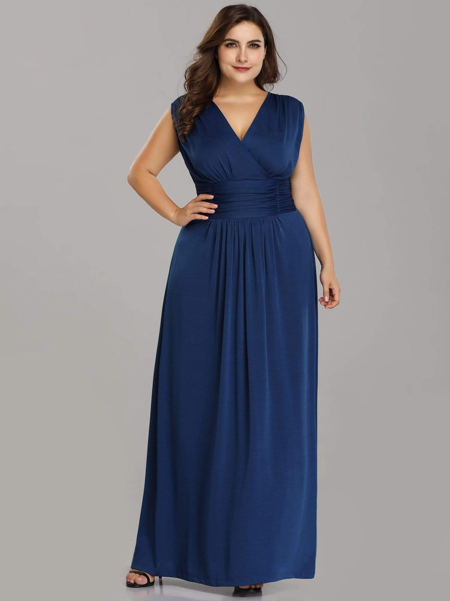 Color=Sapphire Blue | Plus Size Elegant Long V Neck Evening Dress-Sapphire Blue 1