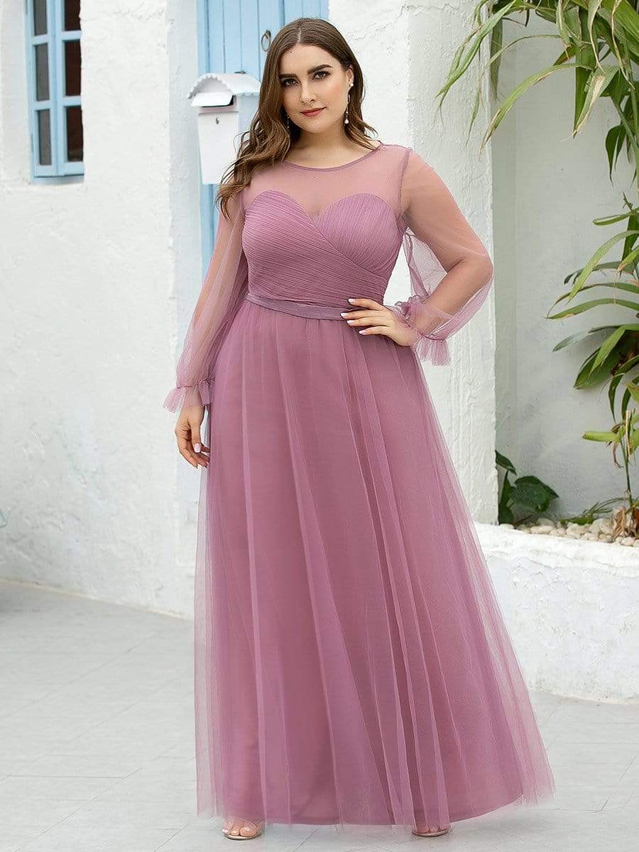 Color=Purple Orchid | Elegant Half Sleeve Plus Size Floor Length Bridesmaid Dress-Purple Orchid 4