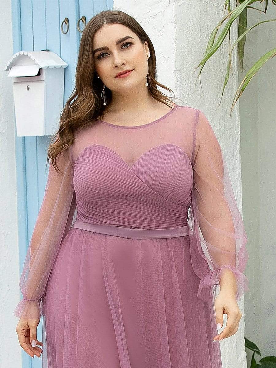 Color=Purple Orchid | Elegant Half Sleeve Plus Size Floor Length Bridesmaid Dress-Purple Orchid 5