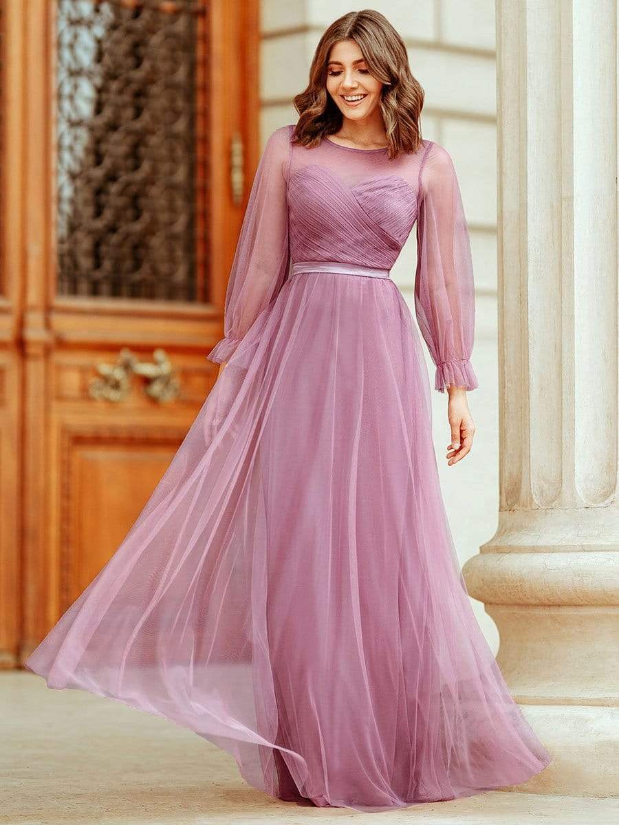 Tulle Bridesmaid Dress for Women Elegant Floor Length Long Sleeve