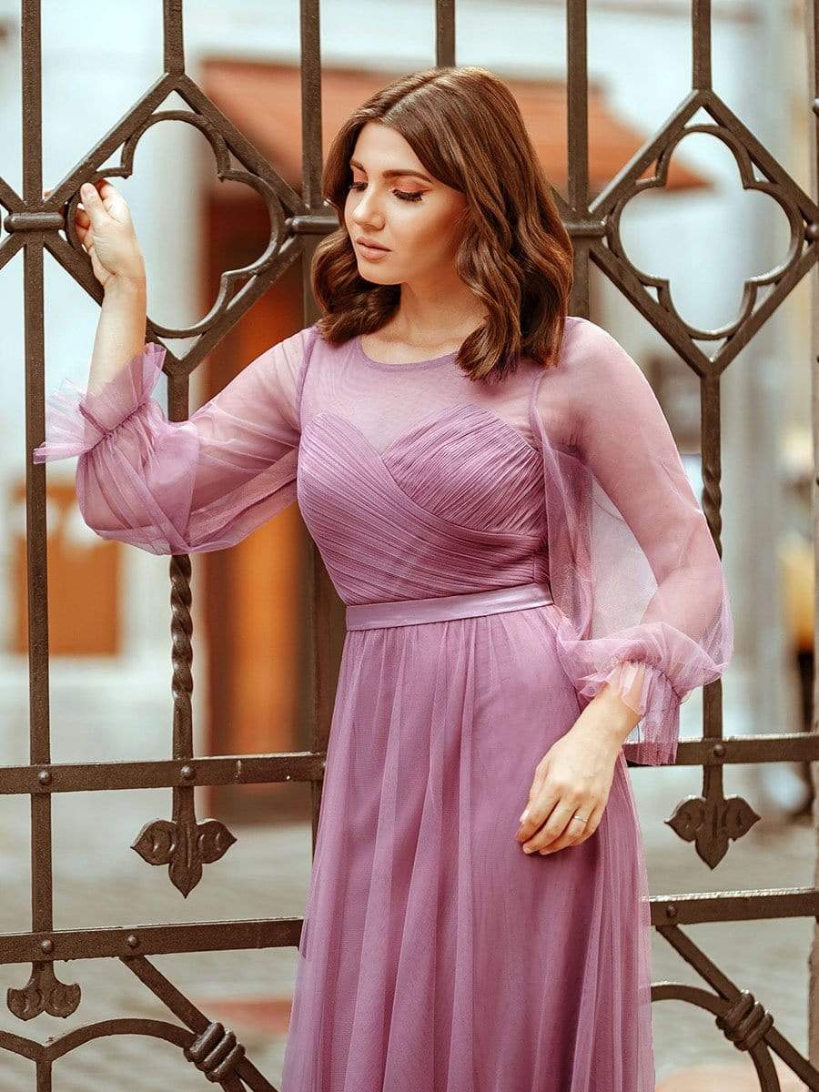 Tulle Bridesmaid Dress for Women Elegant Floor Length Long Sleeve