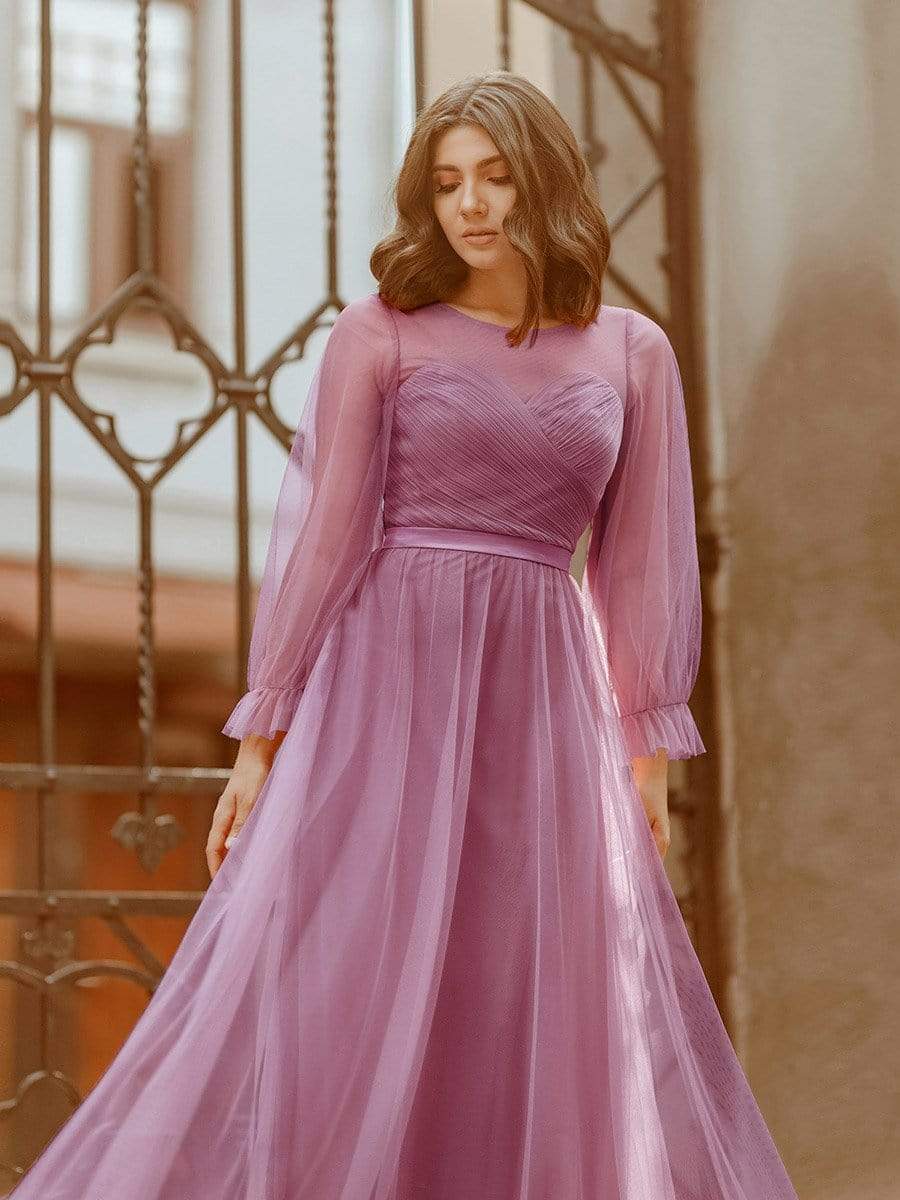 Color=Purple Orchid | Elegant Half Sleeve Floor Length Bridesmaid Dress-Purple Orchid 4