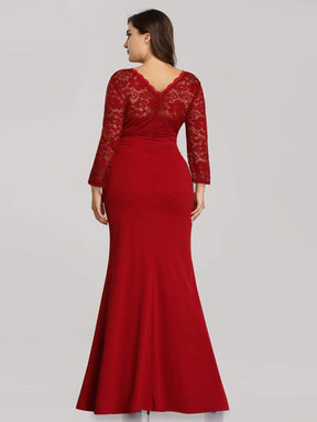 Color=Burgundy | Elegant Mermaid Illusion Neck Long Sleeve Lace Evening Dress-Burgundy 2