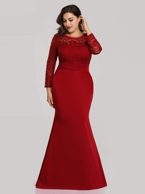 Color=Burgundy | Elegant Mermaid Illusion Neck Long Sleeve Lace Evening Dress-Burgundy 3