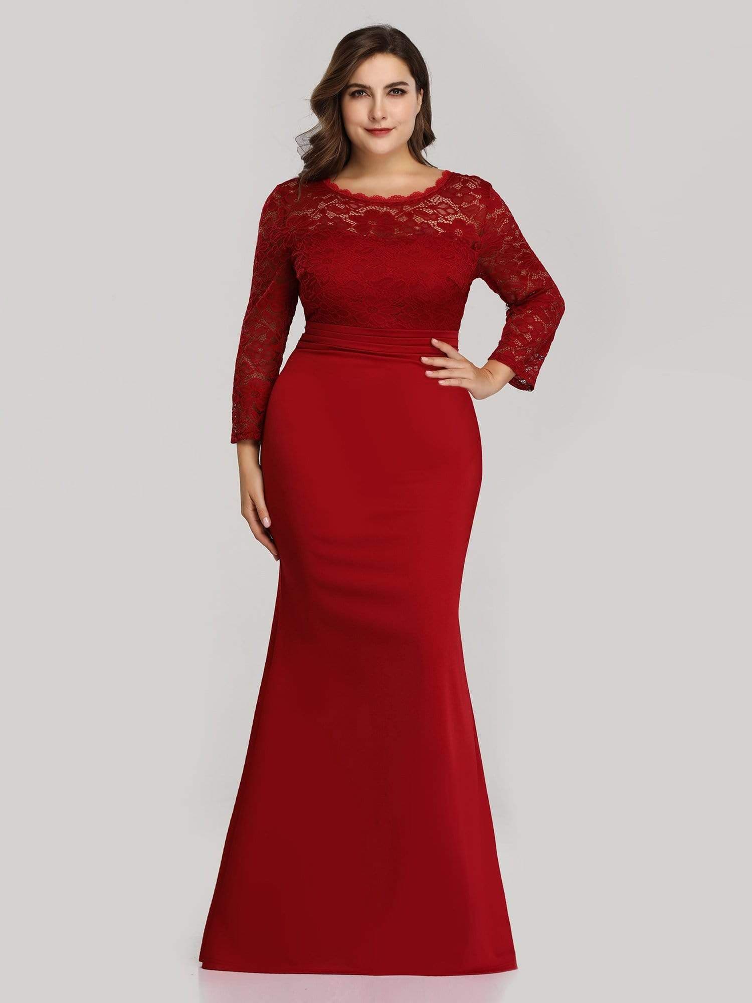 Color=Burgundy | Elegant Mermaid Illusion Neck Long Sleeve Lace Evening Dress-Burgundy 4