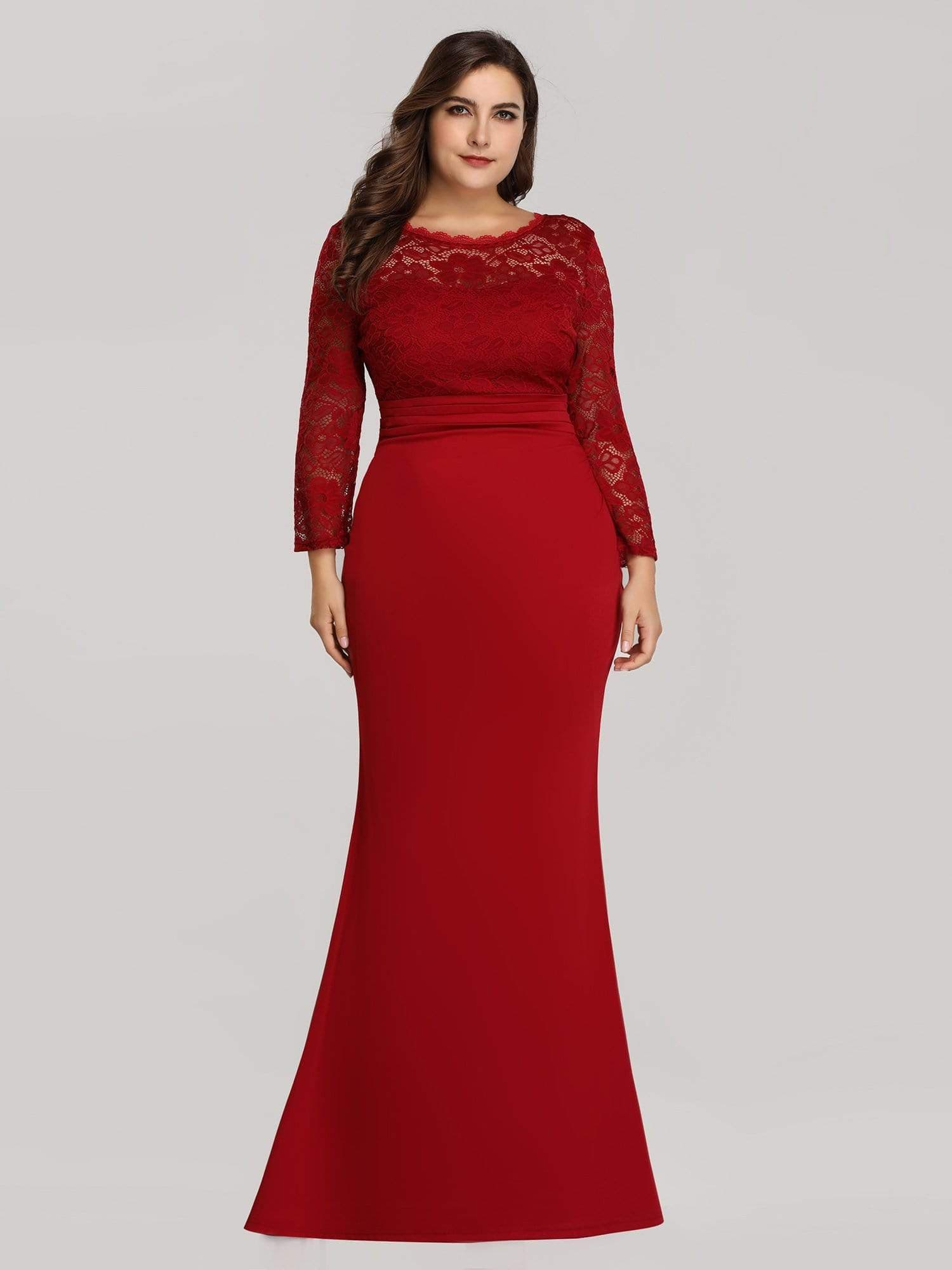 Color=Burgundy | Elegant Mermaid Illusion Neck Long Sleeve Lace Evening Dress-Burgundy 1