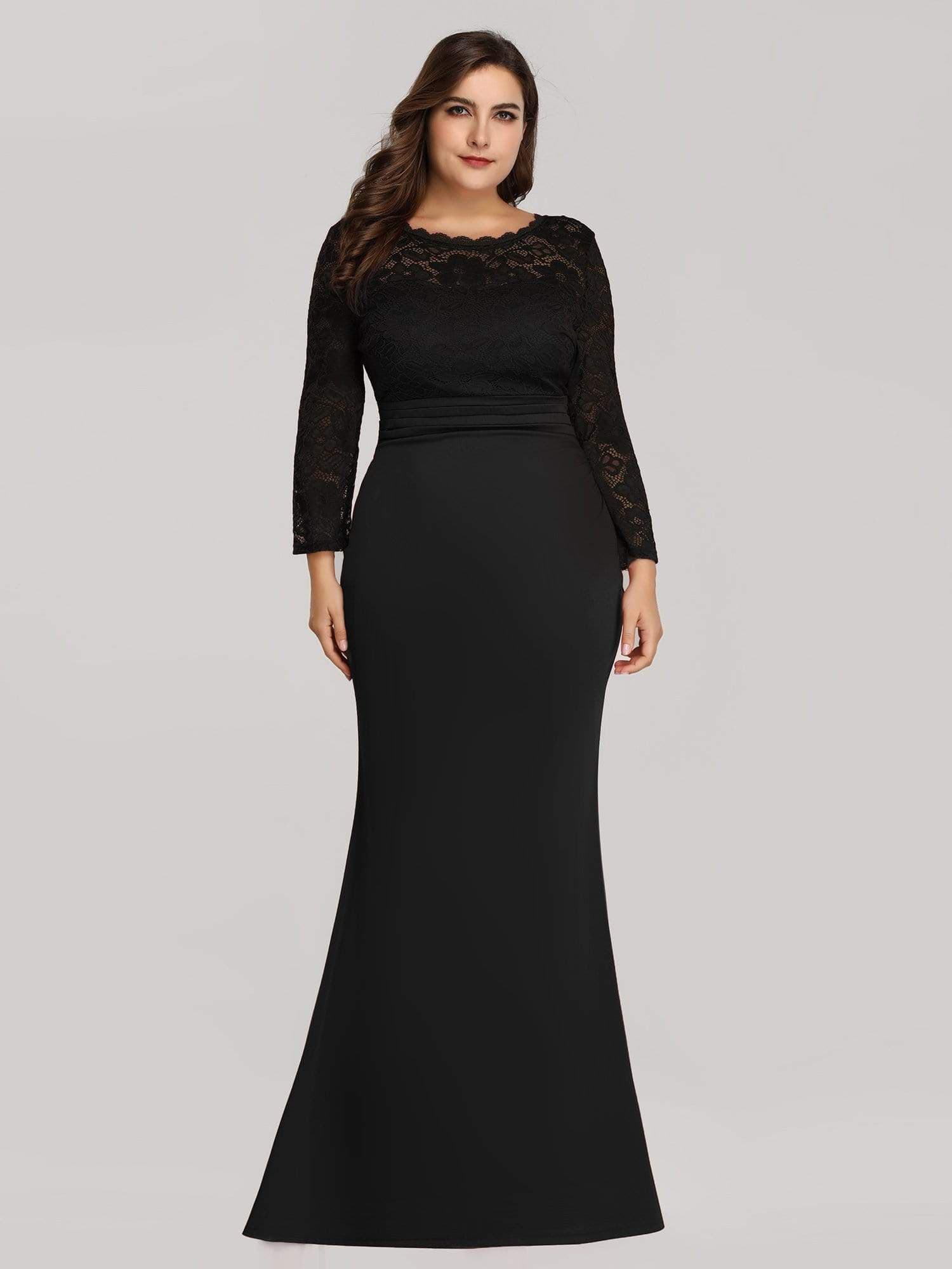 Color=Black | Elegant Mermaid Illusion Neck Long Sleeve Lace Evening Dress-Black 3