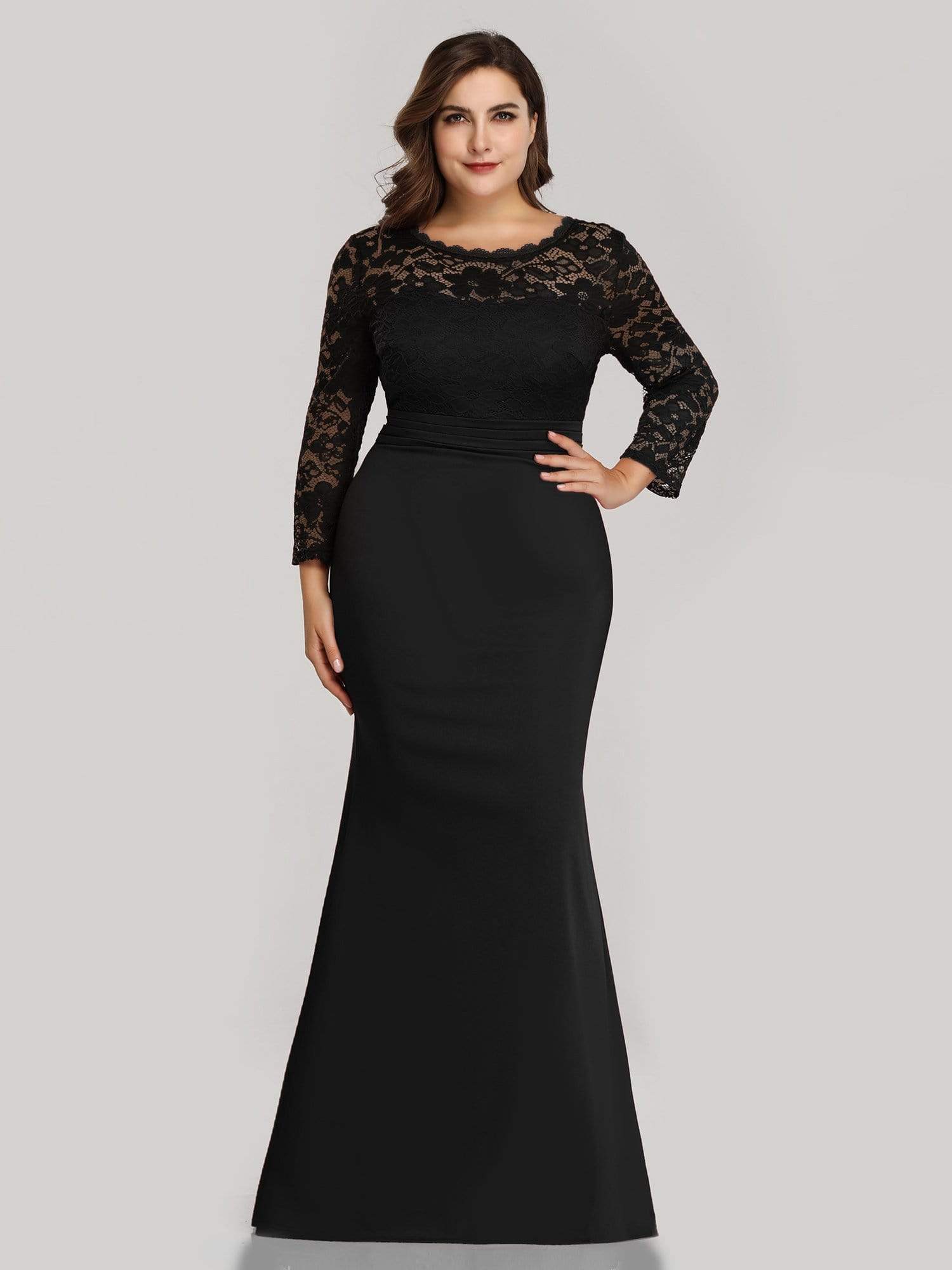 Color=Black | Elegant Mermaid Illusion Neck Long Sleeve Lace Evening Dress-Black 4