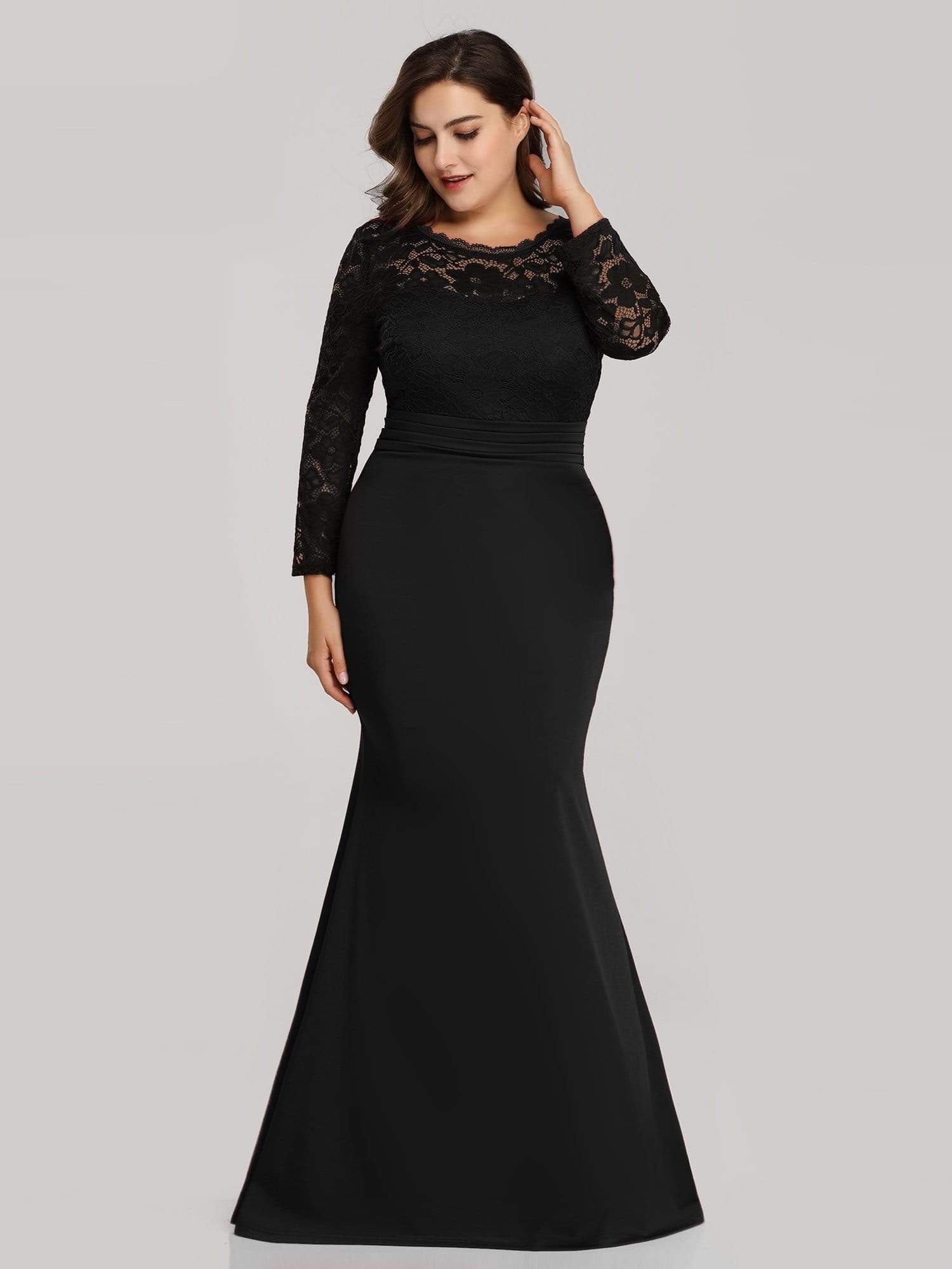 Color=Black | Elegant Mermaid Illusion Neck Long Sleeve Lace Evening Dress-Black 1