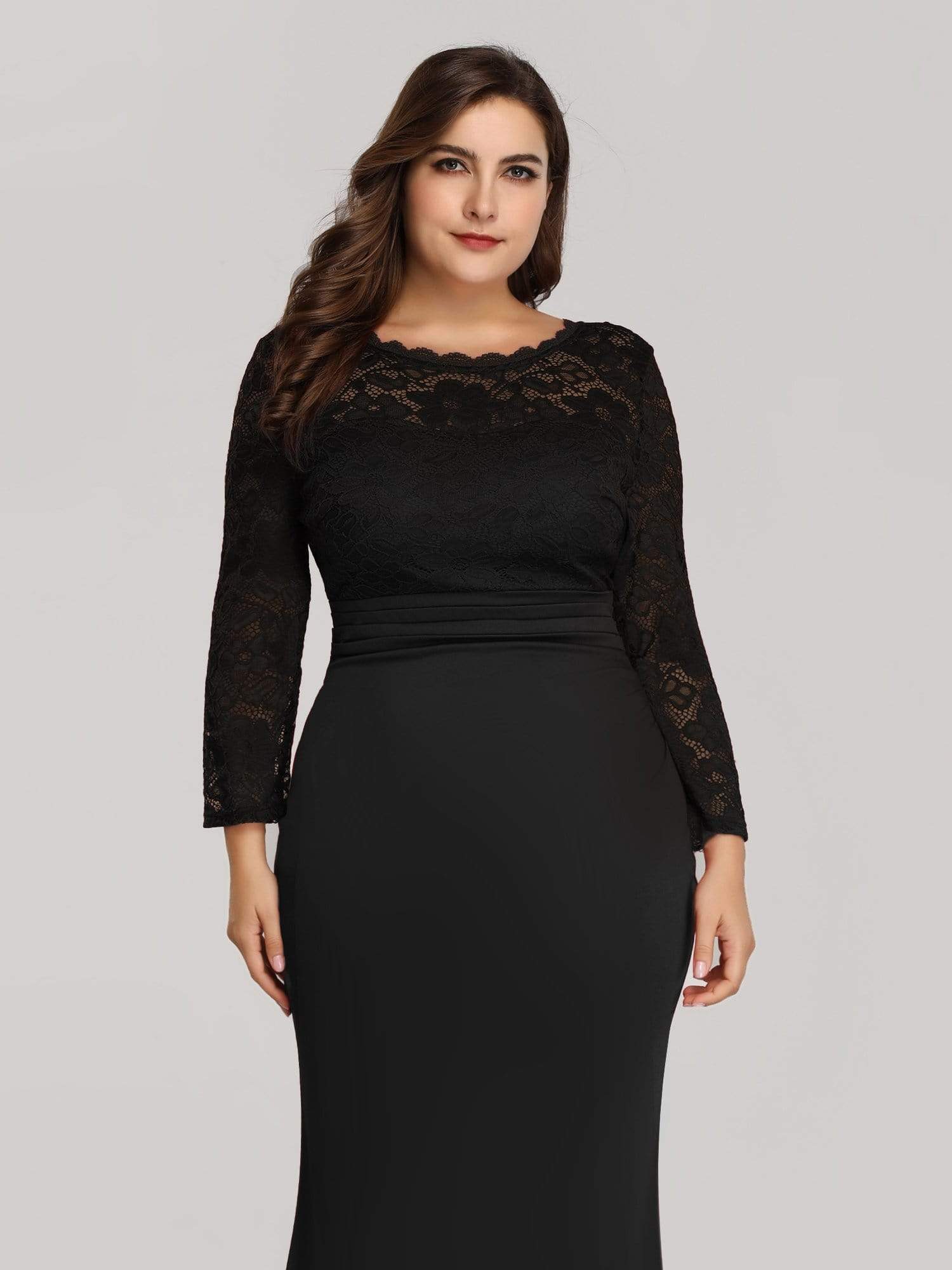 Color=Black | Elegant Mermaid Illusion Neck Long Sleeve Lace Evening Dress-Black 5