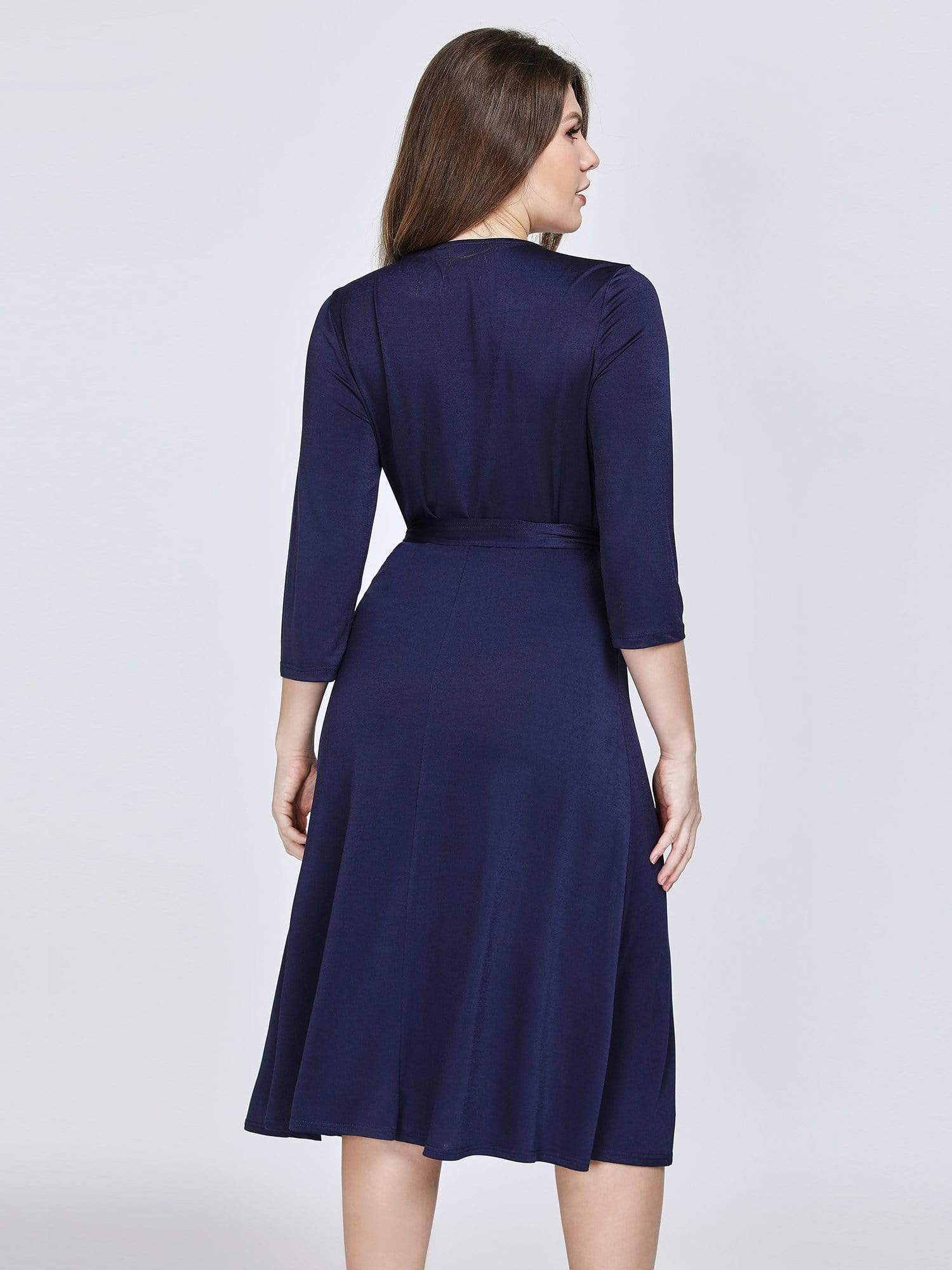 Color=Navy Blue | Knee Length Long Sleeve Navy Cocktail Dress-Navy Blue 2