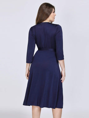 Color=Navy Blue | Knee Length Long Sleeve Navy Cocktail Dress-Navy Blue 2