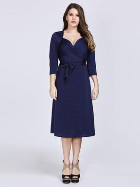 Color=Navy Blue | Knee Length Long Sleeve Navy Cocktail Dress-Navy Blue 1