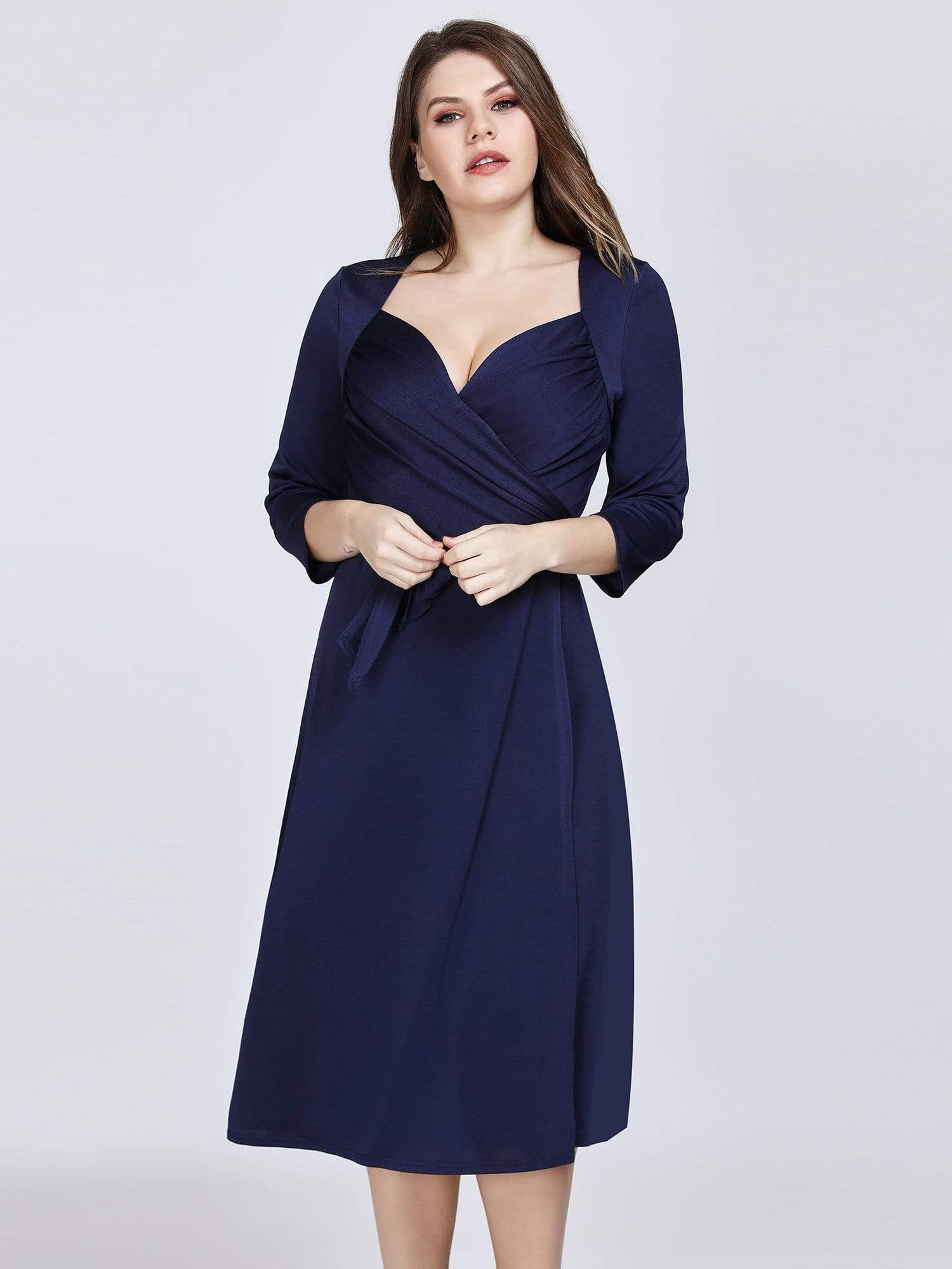 Color=Navy Blue | Knee Length Long Sleeve Navy Cocktail Dress-Navy Blue 7