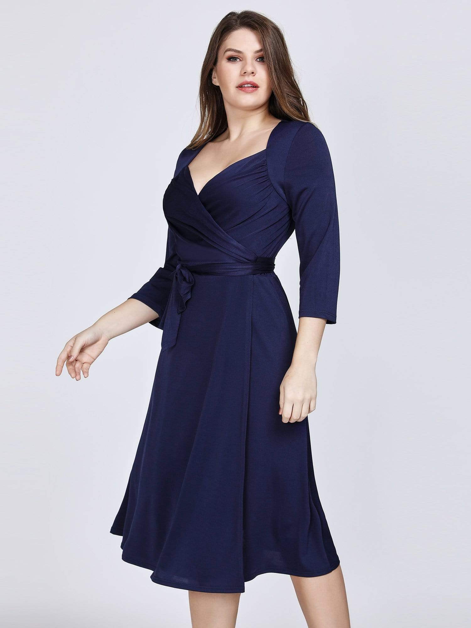 Color=Navy Blue | Knee Length Long Sleeve Navy Cocktail Dress-Navy Blue 8