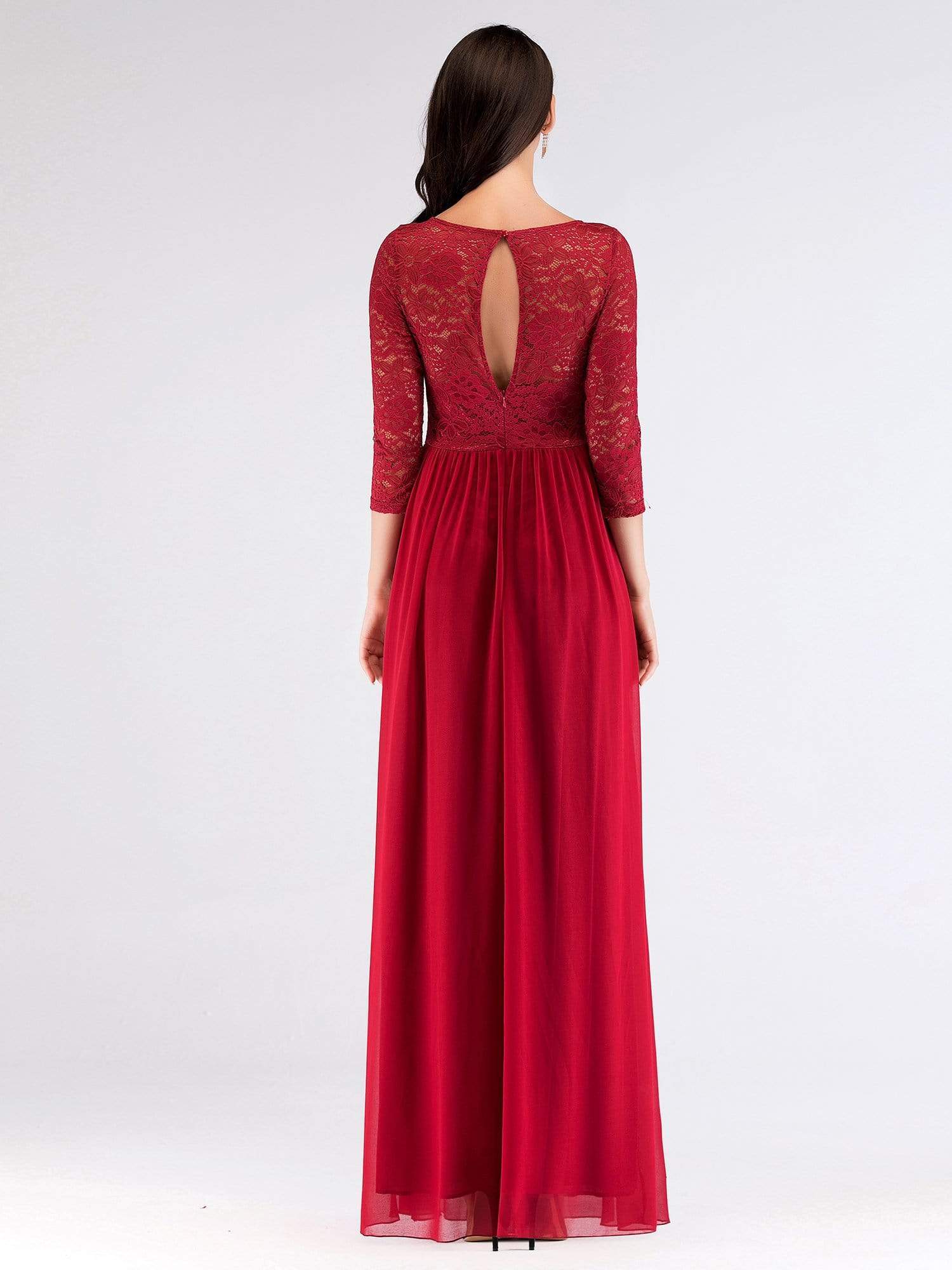 Color=Burgundy | Long Bridesmaid Dress With Lace Long Sleeve Bodice-Burgundy 3