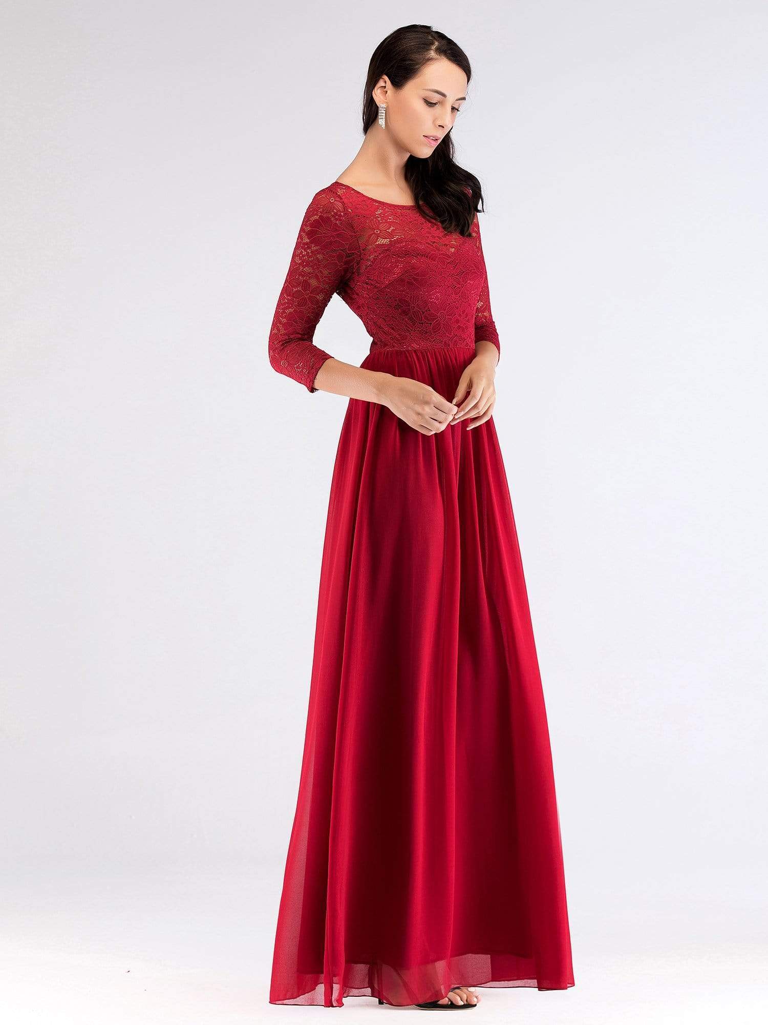 Color=Burgundy | Long Bridesmaid Dress With Lace Long Sleeve Bodice-Burgundy 4