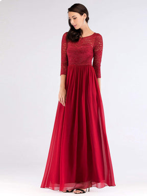 Color=Burgundy | Long Bridesmaid Dress With Lace Long Sleeve Bodice-Burgundy 5