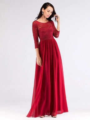 Color=Burgundy | Long Bridesmaid Dress With Lace Long Sleeve Bodice-Burgundy 1