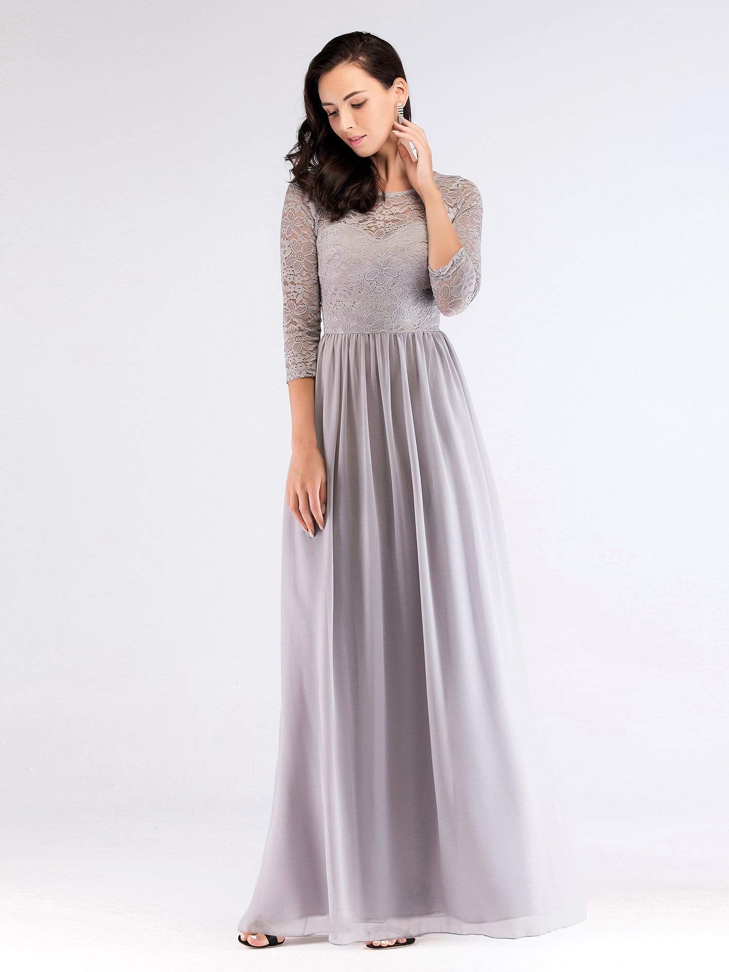 Color=Grey | Long Bridesmaid Dress With Lace Long Sleeve Bodice-Grey 5