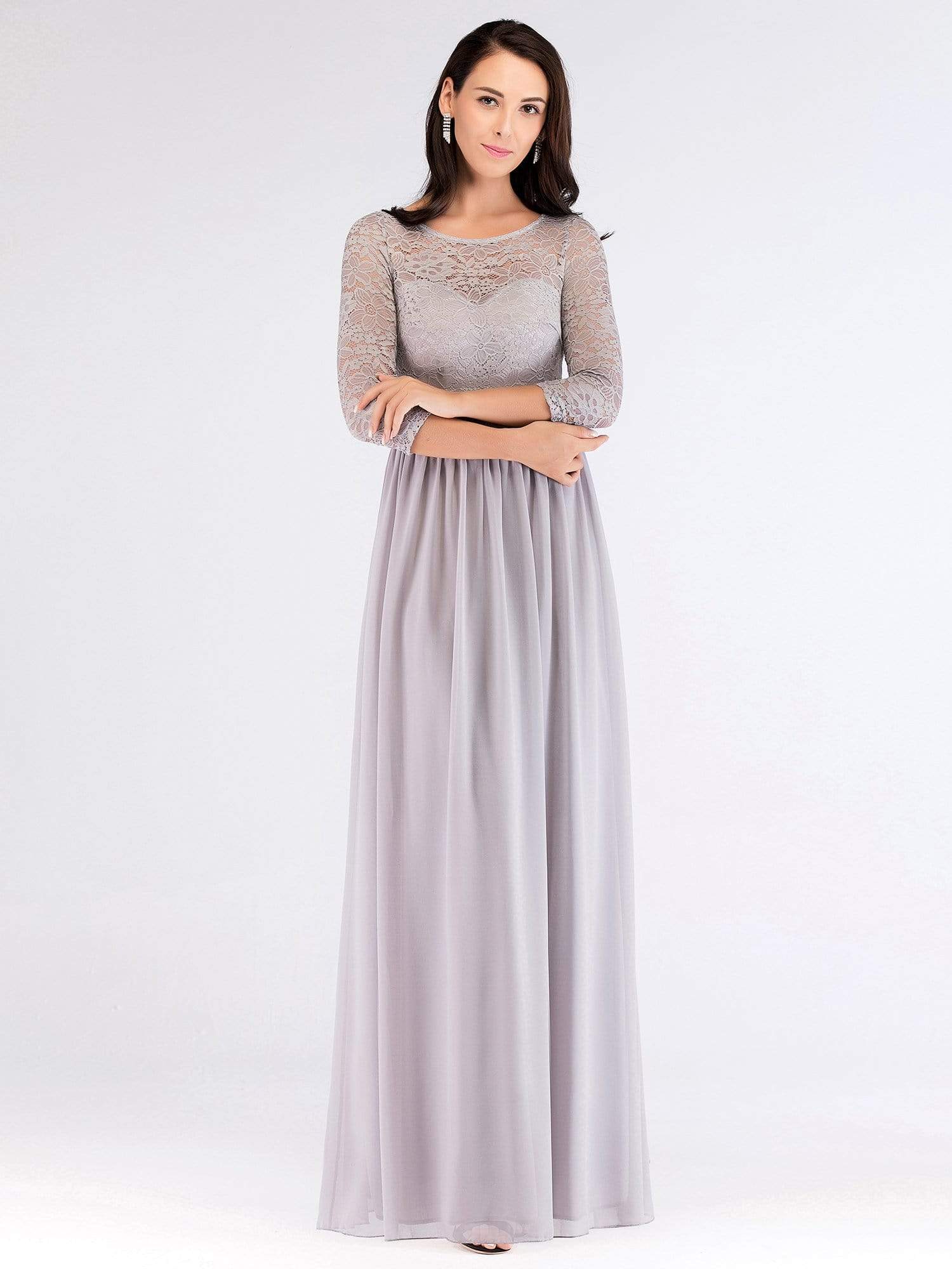 Color=Grey | Long Bridesmaid Dress With Lace Long Sleeve Bodice-Grey 1